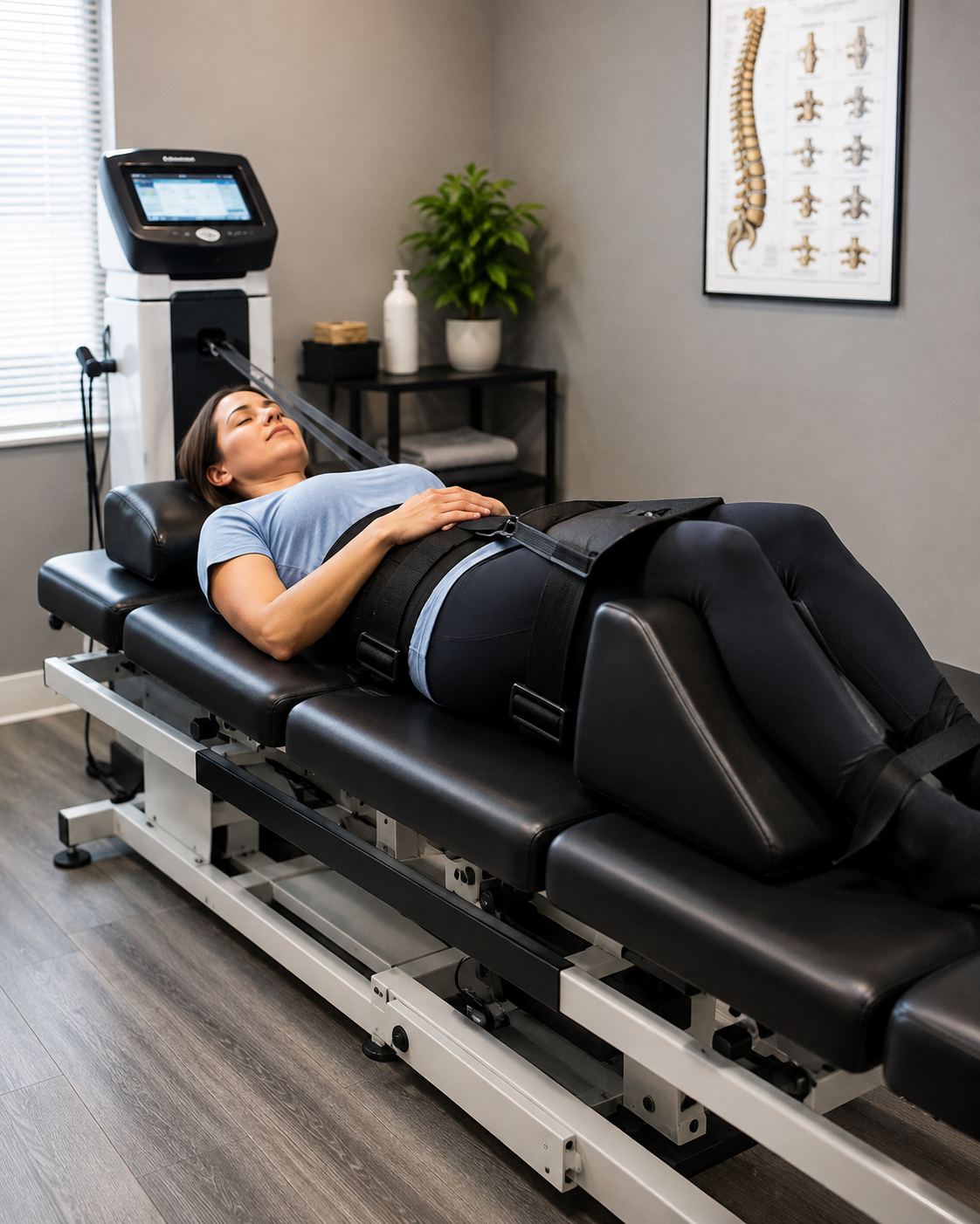 Patient receiving spinal decompression Brampton treatment on a decompression table at DRS Physio & Wellness.