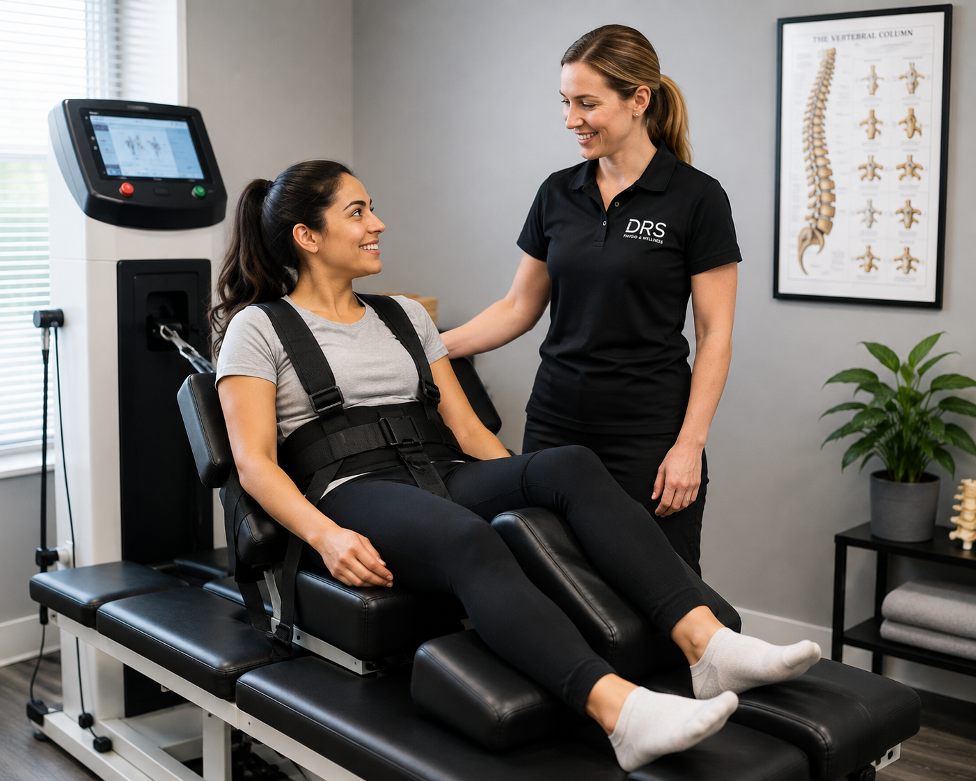 Physiotherapist assisting a patient during spinal decompression Brampton treatment at DRS Physio & Wellness.