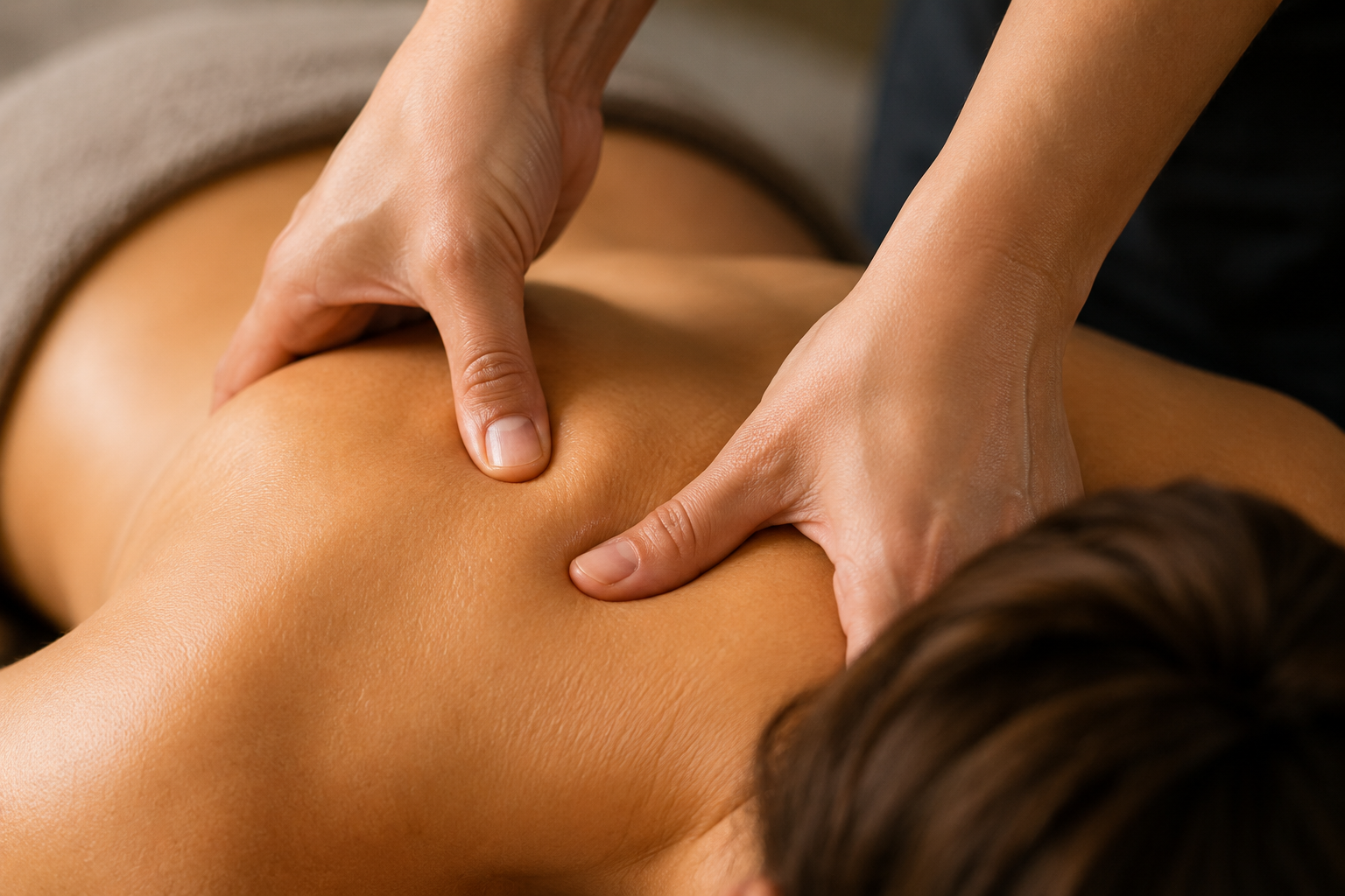 Massage Therapy Brampton close‑up showing a registered massage therapist applying therapeutic pressure to the upper back in a professional clinic setting