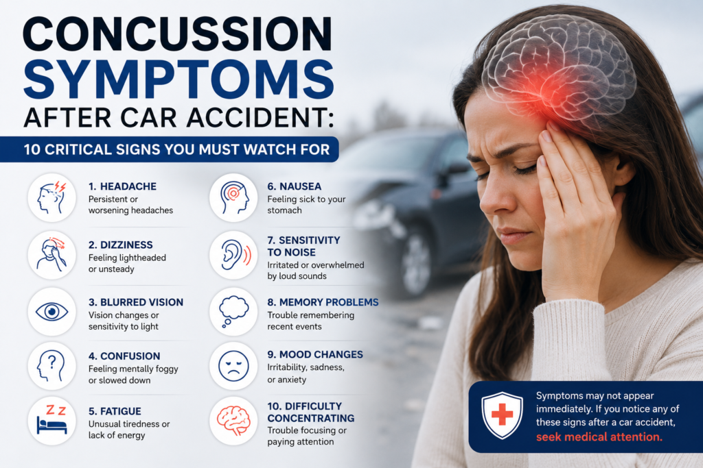 Concussion symptoms after car accident, including headache, dizziness, blurred vision, confusion, fatigue, nausea, and memory problems