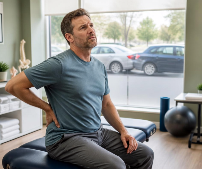 back pain after car accident illustrated with a person holding their lower back to show collision‑related injury