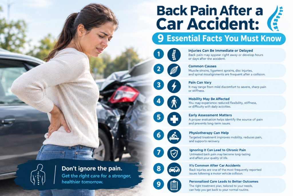 Back pain after car accident with woman holding her lower back beside a damaged vehicle