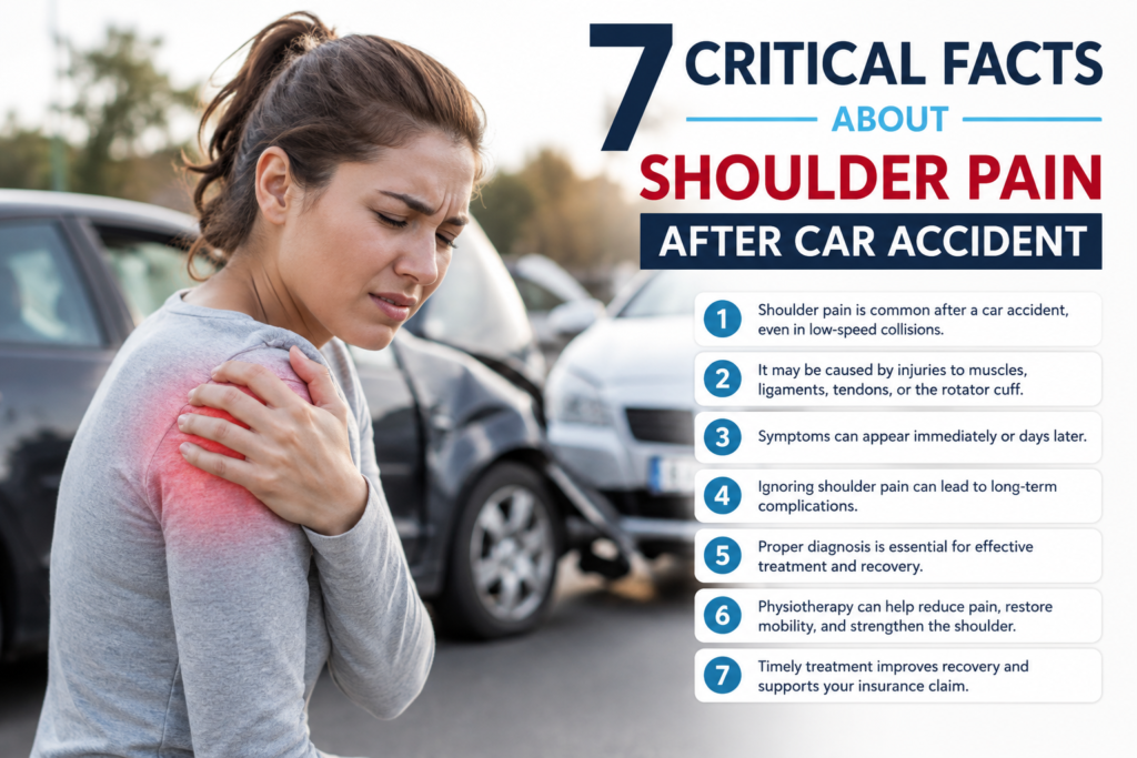 Shoulder pain after car accident with woman holding injured shoulder near damaged vehicles
