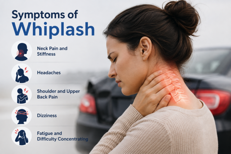 Whiplash symptoms after car accident, including neck pain, stiffness, headaches, dizziness, and upper back pain