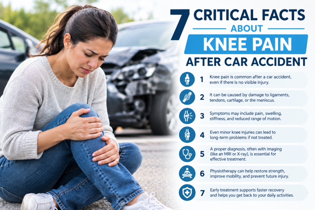 Knee pain after car accident with woman holding her injured knee near a damaged vehicle