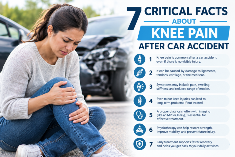 Knee pain after car accident with woman holding her injured knee near a damaged vehicle