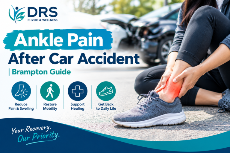 Ankle pain after car accident with a woman holding her injured ankle beside a damaged vehicle