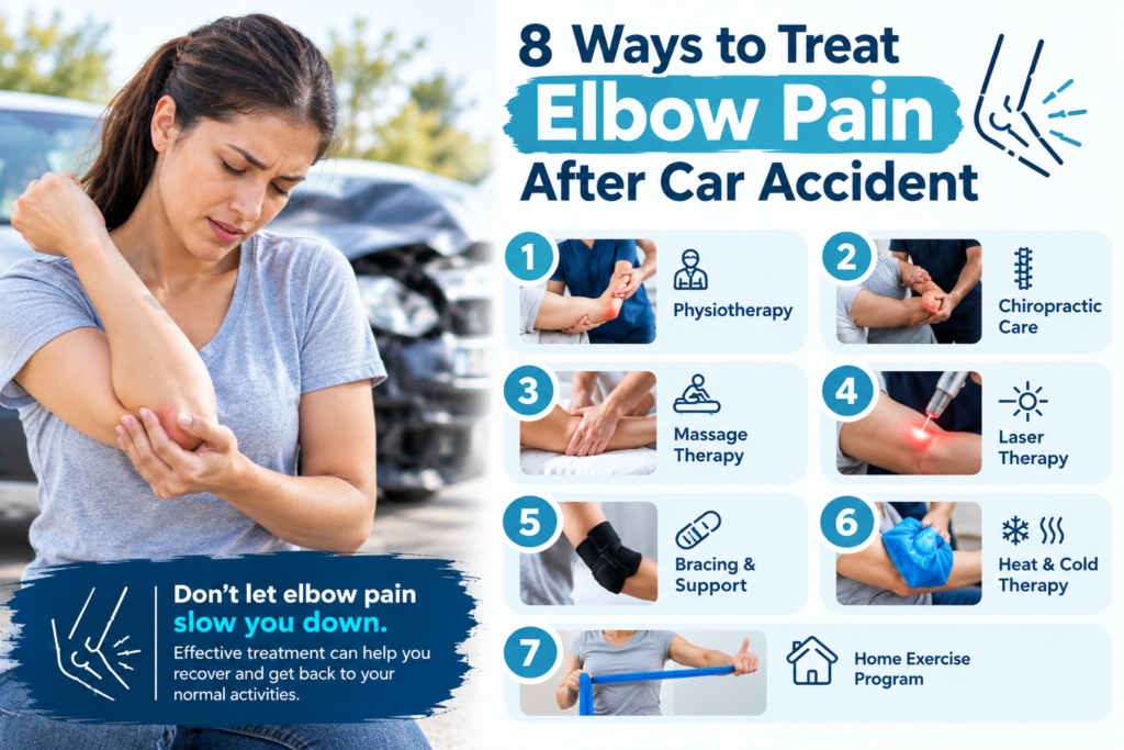 Elbow pain after car accident with woman holding her injured elbow beside a damaged vehicle