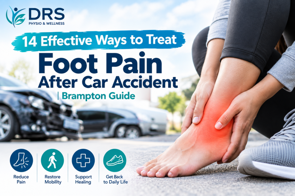 Foot pain after car accident with a woman holding her injured foot beside a damaged vehicle