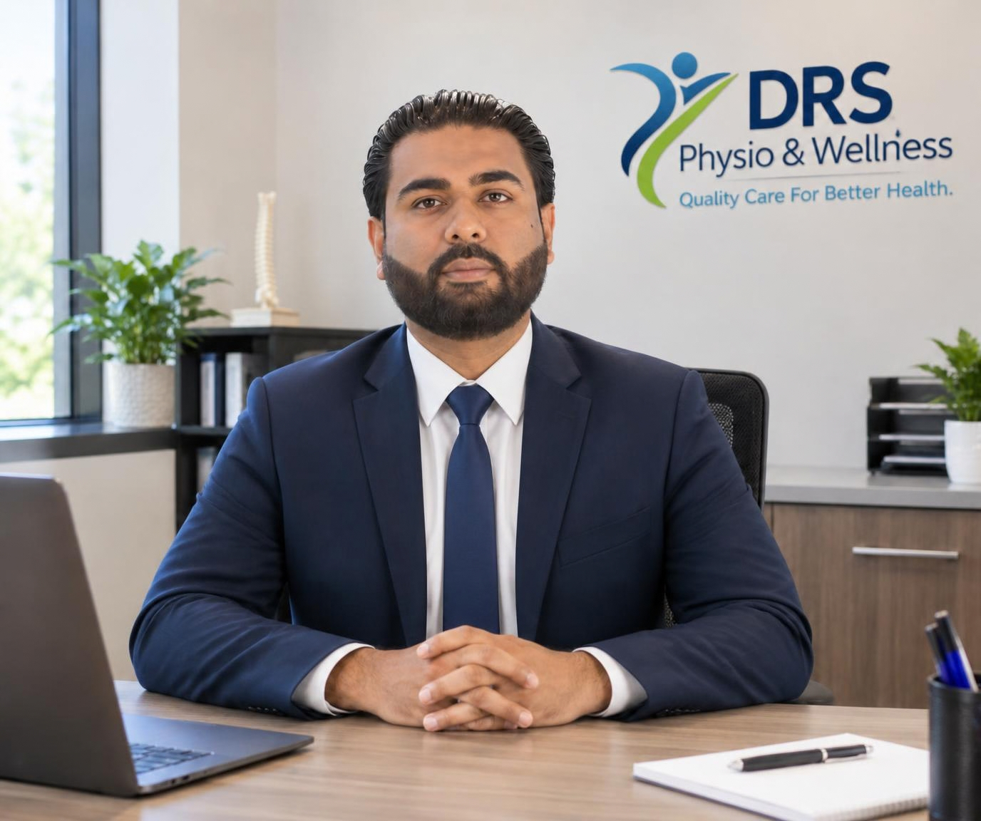 Haninder Dhillon, co‑owner and founder of DRS Physio & Wellness, sitting in the administrative office at the clinic.