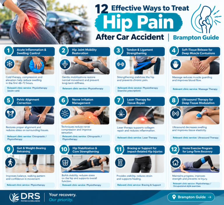 Hip pain after car accident with a woman holding her injured hip beside a damaged vehicle