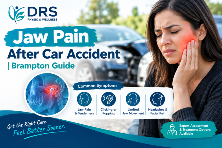 Jaw pain after car accident with a woman holding her jaw near the TMJ area beside a damaged vehicle