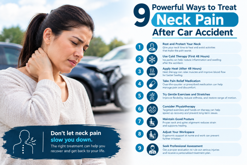 Neck pain after car accident with woman holding her neck beside a damaged vehicle