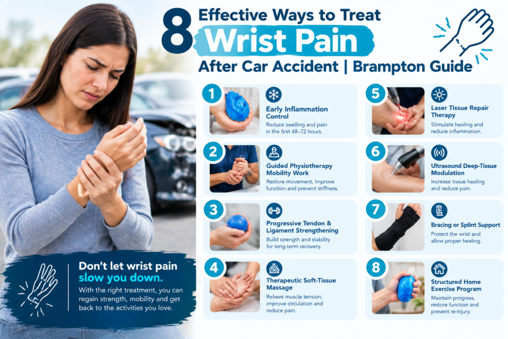 Wrist pain after car accident with woman holding her injured wrist beside a damaged vehicle