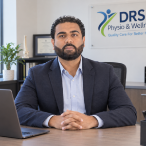 Haninder Dhillon, co‑owner and founder of DRS Physio & Wellness, sitting in the administrative office at the clinic.