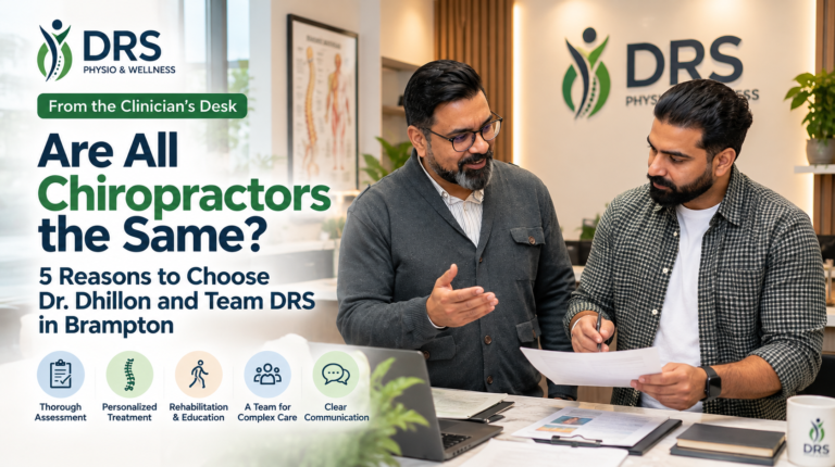 Dr. Dhillon and Haninder discussing a care plan at DRS Physio & Wellness while choosing a chiropractor in Brampton.