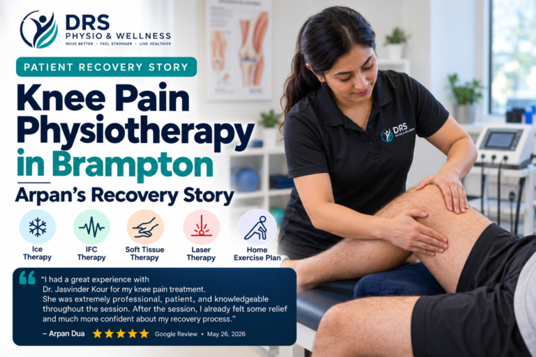 Knee pain physiotherapy in Brampton at DRS Physio & Wellness, showing a physiotherapist providing hands-on knee treatment