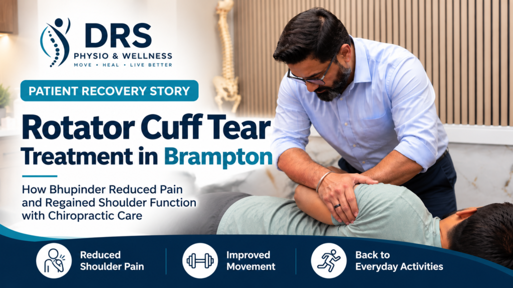 Dr. Dhillon providing chiropractic treatment to a male patient during a shoulder assessment at a Brampton clinic for rotator cuff tear treatment Brampton.